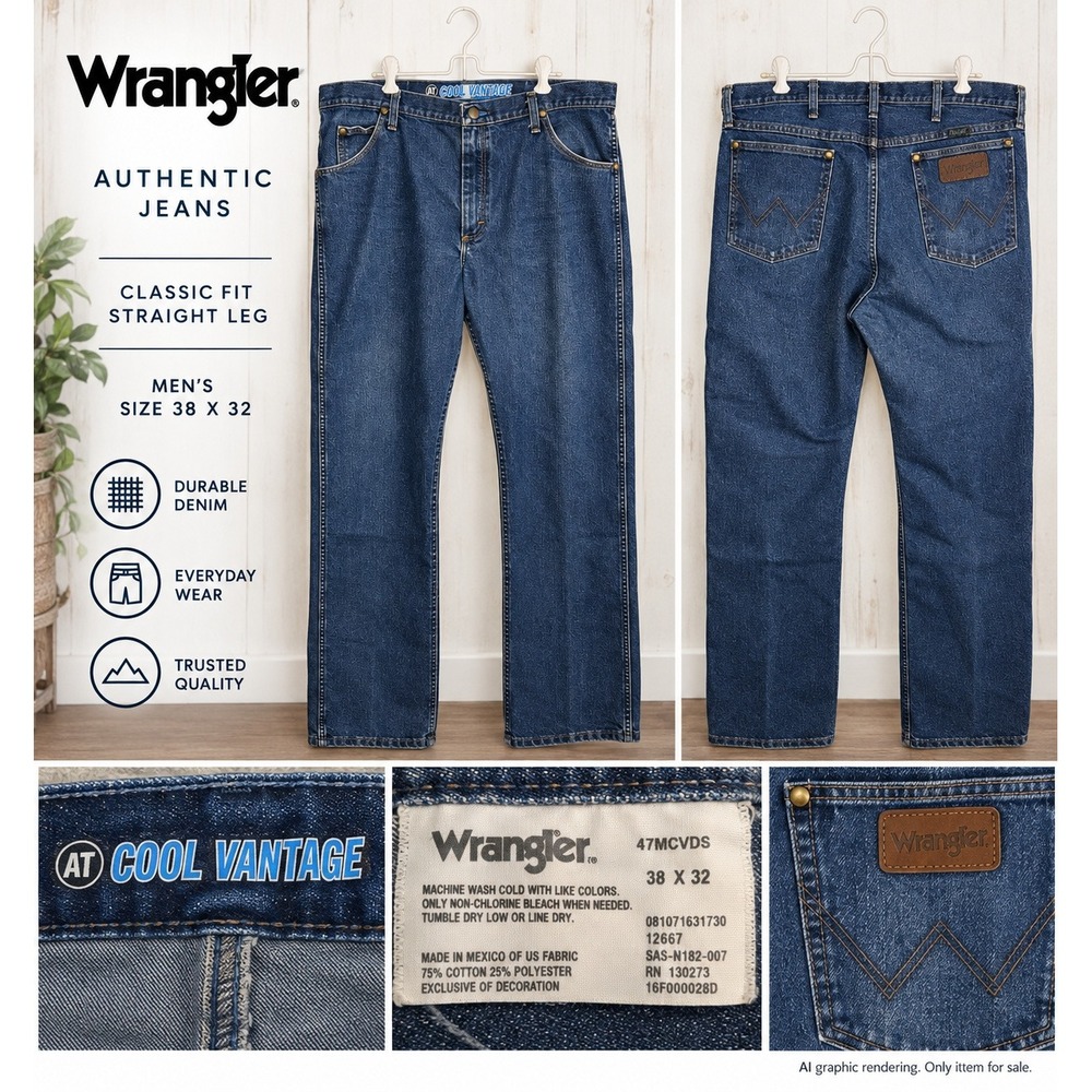Wrangler 38x32 Authentic Jeans Blue Cool Vantage Straight Leg Denim 47MCVDS